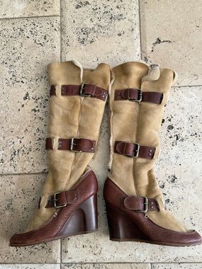 Fendi Tan and Brown Leather Wedge Knee Boots